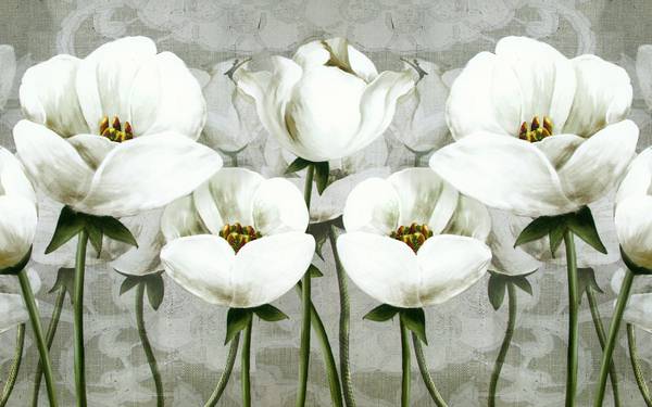 پوستر دیواری سه بعدی نقاشی گل های سفید با تم خاکستری و تیره
