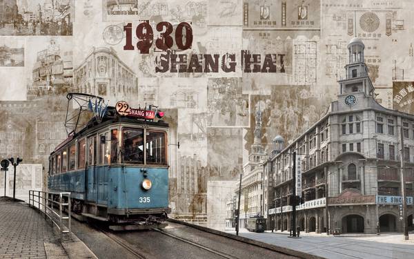 پوستر دیواری سه بعدی قطار قدیمی در شهر شانگهای