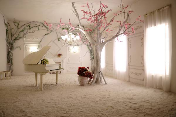 پوستر دیواری سه بعدی اتاق با شکوفه ها و پیانو