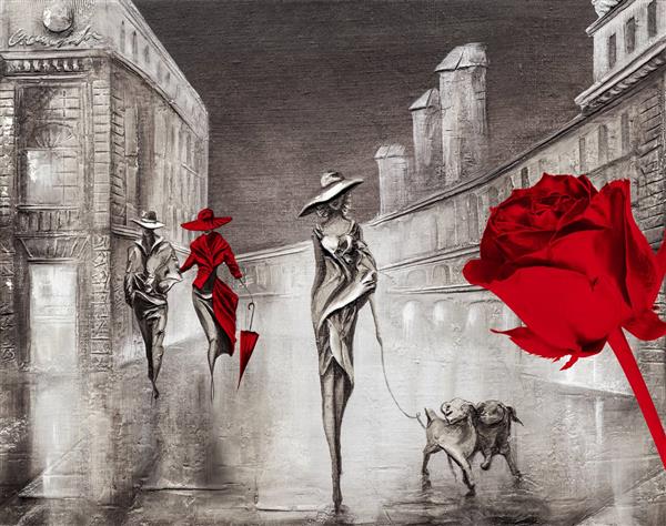 تابلوی نقاشی سیاه و سفید و قرمز از قدم زدن خیابان به سبک اروپایی