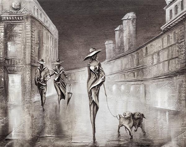 نقاشی رنگ روغن سیاه و سفید از قدم زدن مردم در خیابان