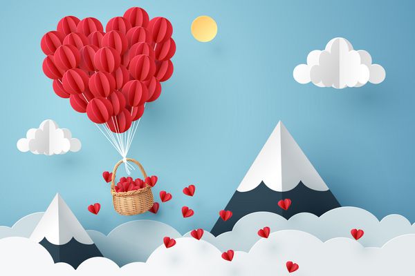 Paper art of heart balloon flying and scattering little heart in the sky origami and valentine