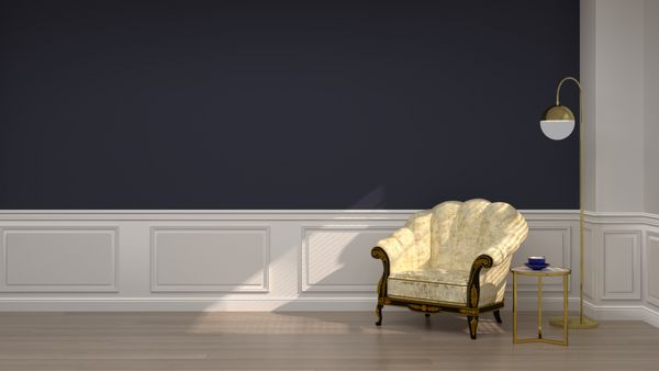 صندلی های اتاق لوکس خالی 3D اتاق پذیرایی اتاق پذیرایی و رنگ آبی رنگ آبی کلاسیک برای فضای کپی