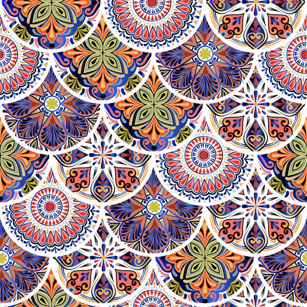 الگوی بدون درز گل های رنگارنگ از حلقه ها با mandala در سبک پاشنه بلند boho شیک