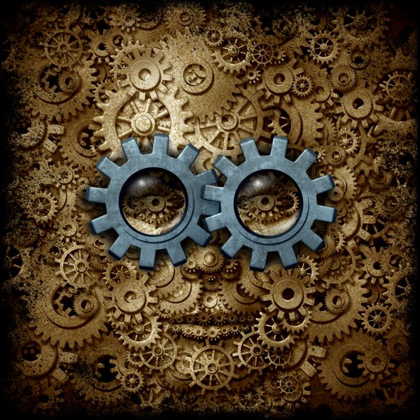 استام و یا steampunk علمی تخیلی یا علمی تخیلی سر انسان ساخته شده از چرخ دنده و چرخ دنده به عنوان یک استعاره کسب و کار یا روانشناسی به عنوان یک تصویر 3D