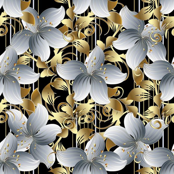 3d گل بردار بدون درز الگوی تصویر زمینه پس زمینه گلدار سیاه و سفید با گلهای سفید 3d پرنعمت برگ طلا swirls خطوط منحنی زیور آلات تزئینی بافت لوکس برای طراحی