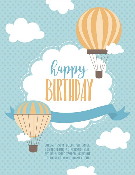 کارت تولد مبارک کارتون با بالن هوا و هواپیما تصویر برداری