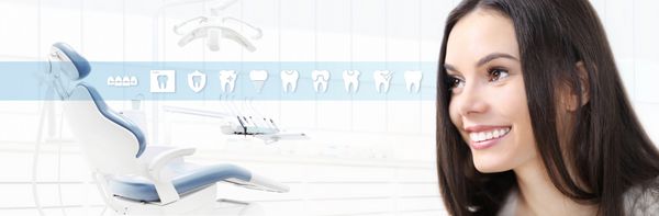 dental care concept beautiful smiling woman on dentist clinic background with teeth icons and dentist