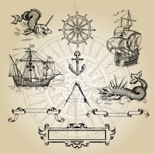 Set of decorative elements for the design of an old geographical map Ancient caravel sea monsters anchor ship