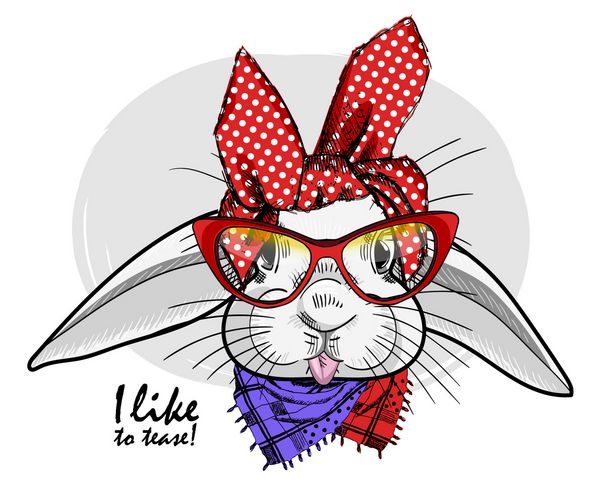 خرگوش سفید بردار با عینک قرمز تصویر دست کشیده از خرگوش لباس