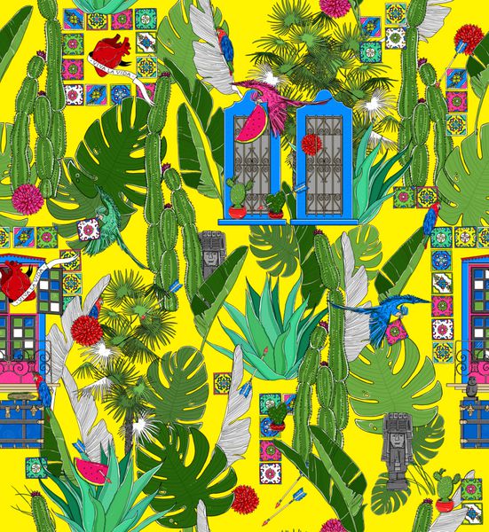 الگوی تفلون جنگل بی نظیر الهام گرفته از فرهنگ مکزیکی شامل برگ پالم کاکتوس طوطی ها فلش ها azulejos قلب viva la vida پنجره های مکزیکی قفسه سینه تصویر دیجیتال با جنگل