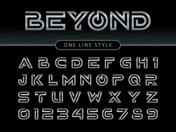 حروف الفبا Futuristic و اعداد یک فونت خالص یکپارچه خطی یک خط تنها برای هر حرف نامه های برنز برای sci-fi نظامی