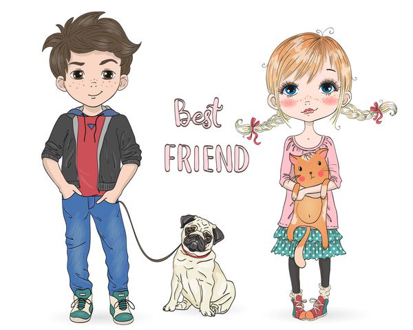 دست کشیده زیبا ناز دختر کوچک با گربه زیبا و پسر کارتون با مگس سگ تصویر برداری