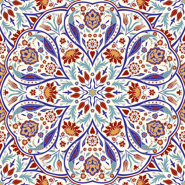 الگوی رنگارنگ بدون درز با ماندالا عنصر تزئینی قدیمی طرح دست کشیده در سبک ترکی استانبولی اسلام عربی هند و عتیقه تصویر برداری