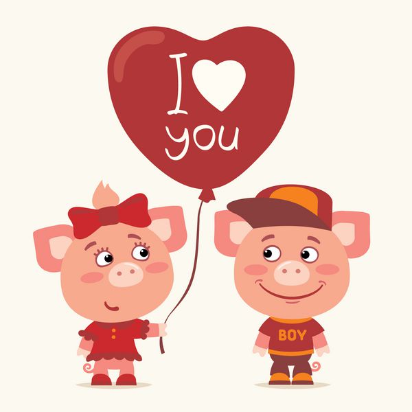 I love you Funny pig girl gives balloon heart for boy Greeting card for Valentine