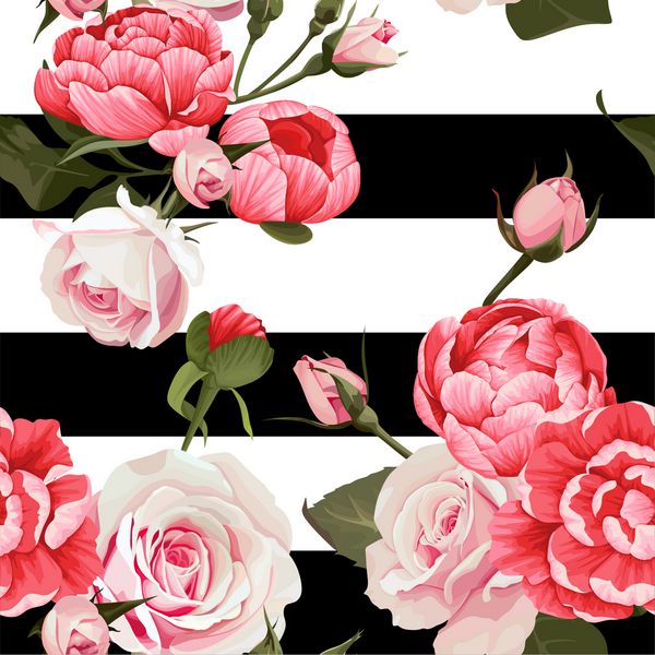 Peony And Roses Vector Seamless Pattern