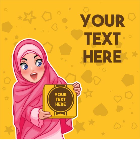 زن مسلمان با حجاب حجاب با یک جعبه با طراحی شخصیت کارتون متن در برابر پس زمینه زرد تصویر برداری برداری