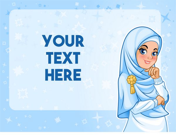 زن مسلمان با حجاب حجاب با دست خود را زیر چانه با متن شخصیت کارتونی طراحی در برابر پس زمینه آبی تصویر برداری بردار