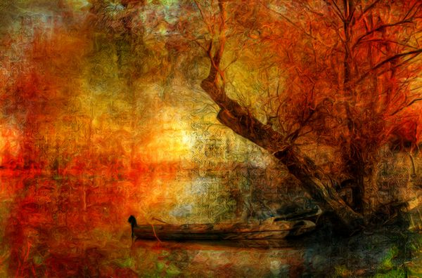 رنگ آمیزی چشم انداز رنگارنگ وحشیانه نشان دادن قایق در رودخانه زیر درخت قدیمی در روز پاییز تیره