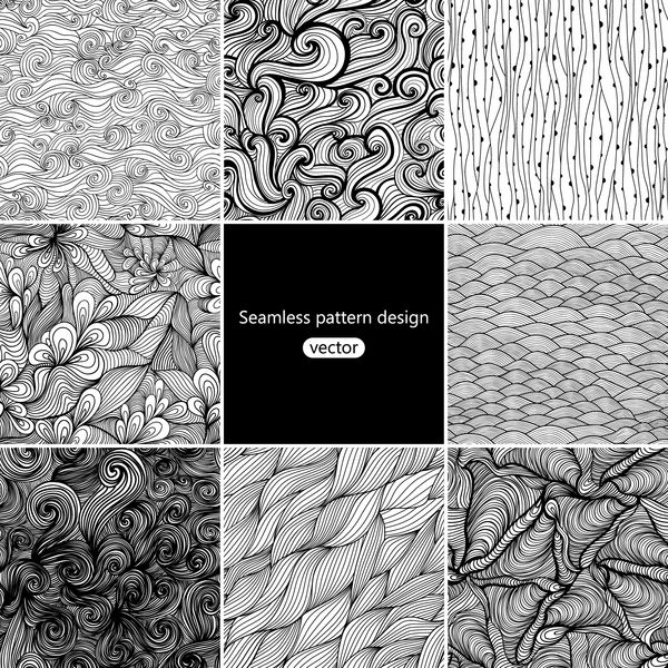 مجموعه ای از هشت الگوهای موج سیاه و سفید یکپارچه کاشی کاری صفحات رنگ آمیزی بزرگسالان
