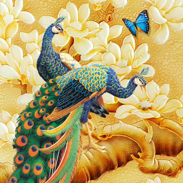 پوستر دیواری سه بعدی نقاشی طاووس های زیبا با تم زرد و بژ