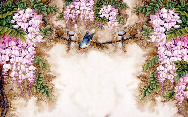 پوستر دیواری سه بعدی نقاشی پرندگان با گل های صورتی