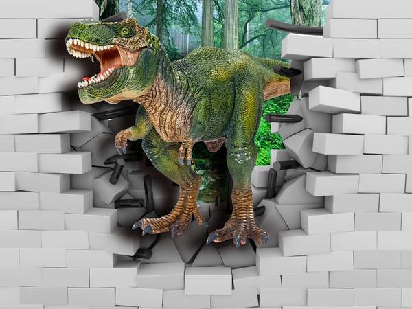 پوستر دیواری سه بعدی دایناسور تیرکس میان دیوار شکسته