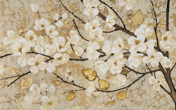 پوستر دیواری سه بعدی نقاشی گل های سفید بر فراز شاخه های درخت