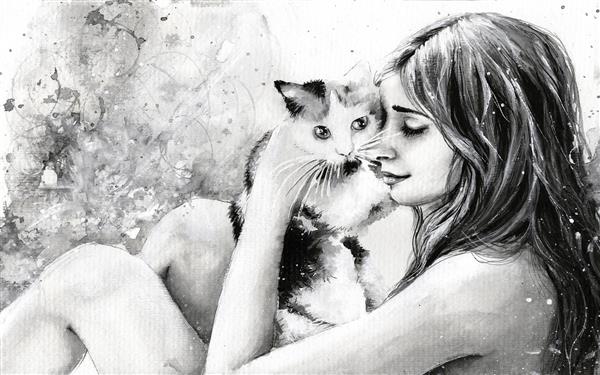 نقاشی دختر زیبا و گربه ملوس