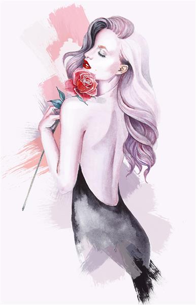نقاشی دختر زیبا و گل رز قرمز