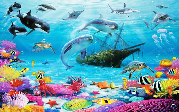 پوستر دیواری سه بعدی کشتی زیر آب رفته با ماهی های اطراف