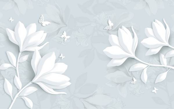 پوستر دیواری سه بعدی نقاشی گل های سفید با پس زمینه ی آبی دودی