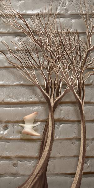 پوستر دیواری سه بعدی درختان قهوه ای براق با پس زمینه دیوار آجری
