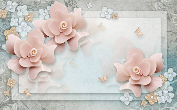 پوستر دیواری سه بعدی گل های صورتی با پس زمینه ی مستطیل های سنگی