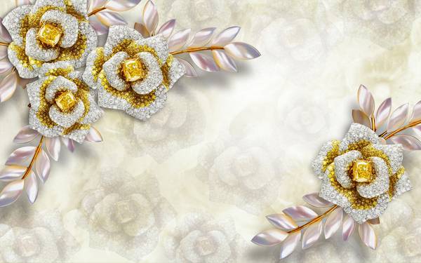 پوستر دیواری سه بعدی گل های سفید و بژ طلایی با پس زمینه ی سفید