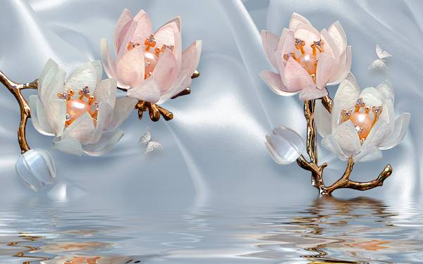 پوستر دیواری سه بعدی گل های صورتی با پس زمینه پارچه نقره ای در آب