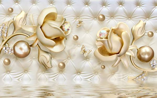 پوستر دیواری سه بعدی گل ها و کره های طلا با پس زمینه سفید و تم آب