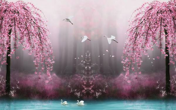 پوستر دیواری سه بعدی درخت شکوفه های صورتی در اب و پرندگان
