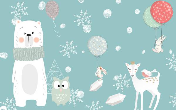 پوستر دیواری سه بعدی کارتونی خرس های قطبی و آهو و برف