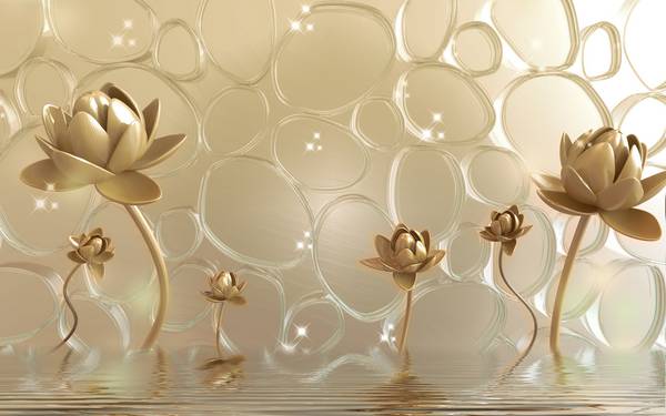 پوستر دیواری سه بعدی گل های هلندی بژ و پس زمینه شبکه طلایی