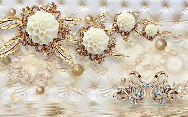 پوستر دیواری سه بعدی قوها و گل های سفید و طلایی جواهرنشان با پس زمینه چرمی