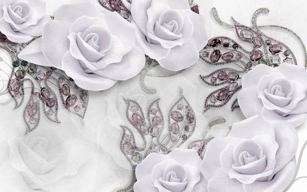 پوستر دیواری سه بعدی گل های سفید و شاخه های جواهری