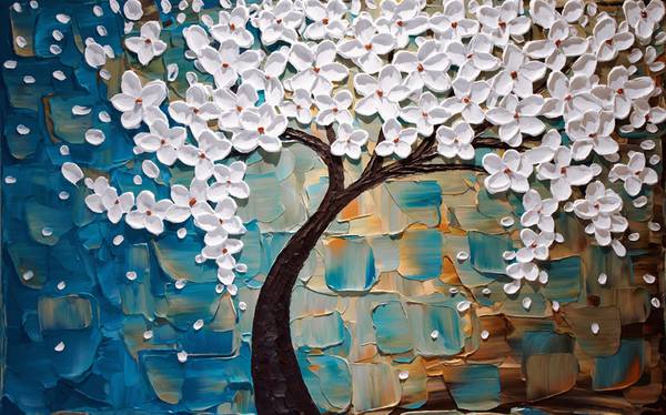 پوستر دیواری سه بعید درخت فانتزی سفید و پس زمینه آبی