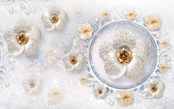پوستر دیواری سه بعدی گل های هلندی سفید طلایی در چیدمان زیبا