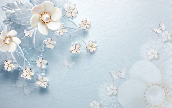 پوستر دیواری سه بعدی گل های سفید و پس زمینه آبی