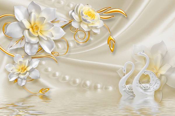 پوستر دیواری سه بعدی قوهای زیبا با گل های سفید و زرد و طلایی