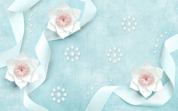 پوستر دیواری سه بعدی گل های سفید با پس زمینه آبی و صورتی