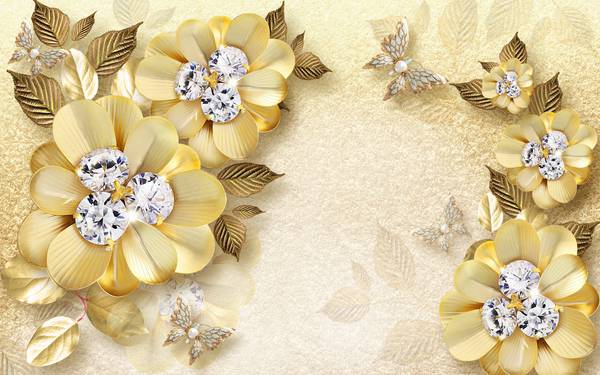 پوستر دیواری سه بعدی گل های طلایی با الماس های وسط و پروانه ها