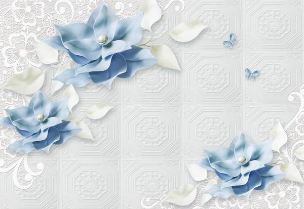 پوستر دیواری سه بعدی گل های آبی و پروانه ها