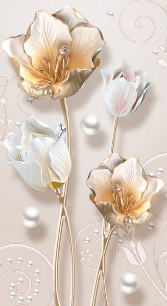 پوستر دیواری سه بعدی گل های سفید و طلایی زیبا